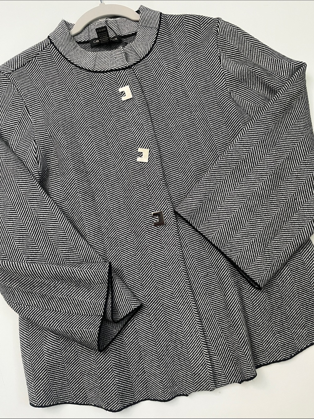 Carolyn Taylor  Black & White Herringbone Collarless Jacket size XL
